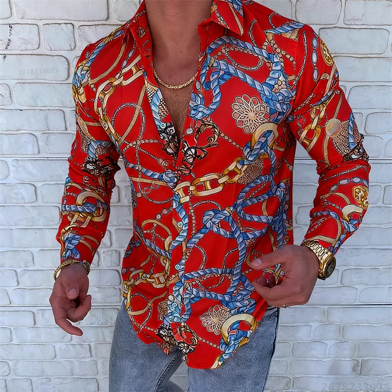 

Men's luxury chain pattern long-sleeved shirt European and American style fashion slim-fit printed shirt personality trend style