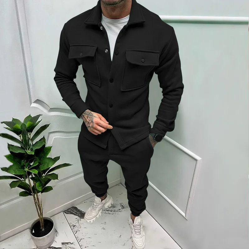 2024Spring and Autumn Men\'s New Casual Jacket Suits Hot Sale Solid Color Suede Pocket Long Sleeve Trousers Two-Piece Set