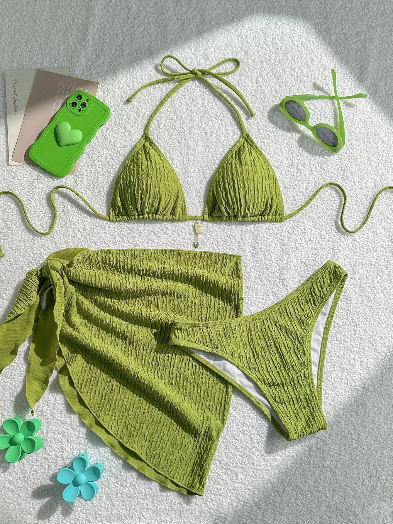 New 2025 Women's Two Piece Bikini Set Solid Green Sheer Cover Up Skirt & High Waist Bottom Slimming Swimwear for Summer Vacation