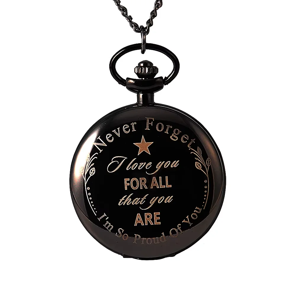

8877Fashion new large size quartz pocket watch FOR ALL That you series black smooth face pocket watch with necklace