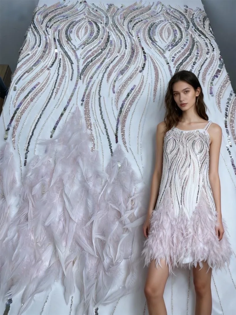 

Африканская кружевная ткань с перьями 2024, Высококачественная Роскошная нигерийская кружевная Тюлевая ткань ручной работы с блестками, материалы для платья 3D