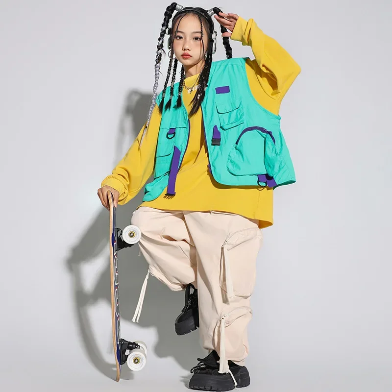 

Kids Hip Hop Street Dance Costumes Green Vest Loose Cargo Pants Yellow Sweatshirt for Teen Girls Clothes Jazz Show Stage Outfits