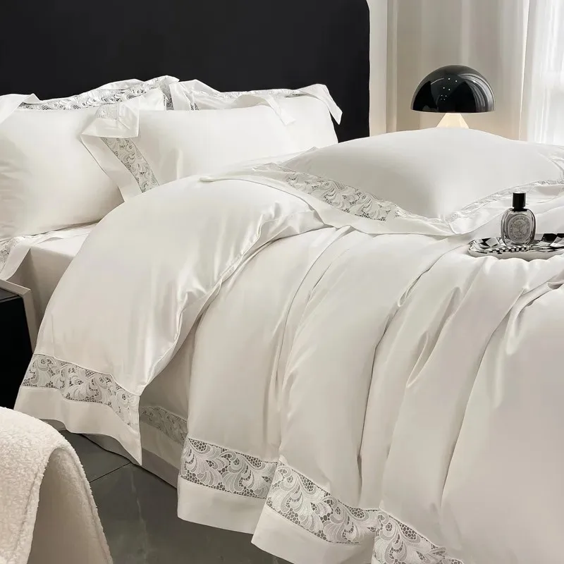 100%Long Staple Cotton Nature Soft,Breathable White 4Pcs Bedding Set Duvet cover Hollow out edge Flat/Fitted Sheet Pillowcases