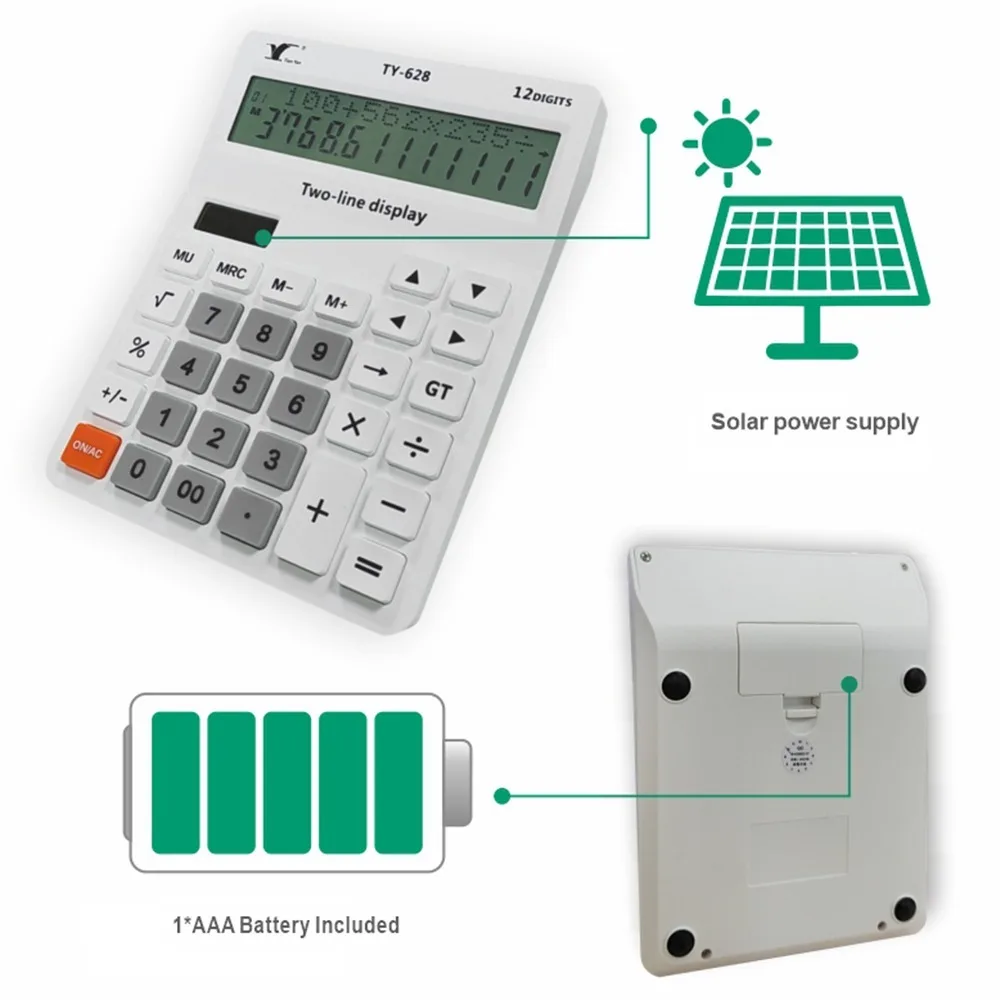 Cute ABS Desktop Calculator 12 Digit Solar Power Mechanical Calculator Big Button Battery Operated Calculator School