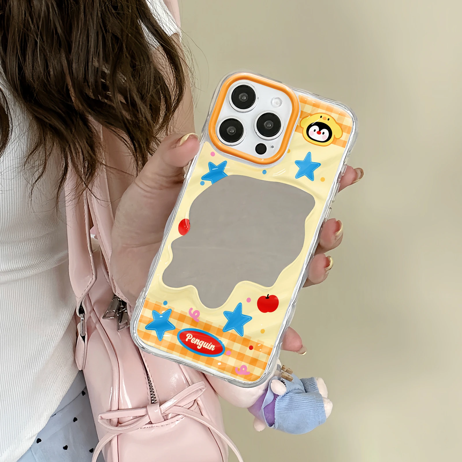 Funda de Teléfono con Diseño de Pingüino de Dibujos Animados, Transparente, con Marco Ondulado Naranja para Cámara, Compatible con Todos los iPhone de las Series 11-17