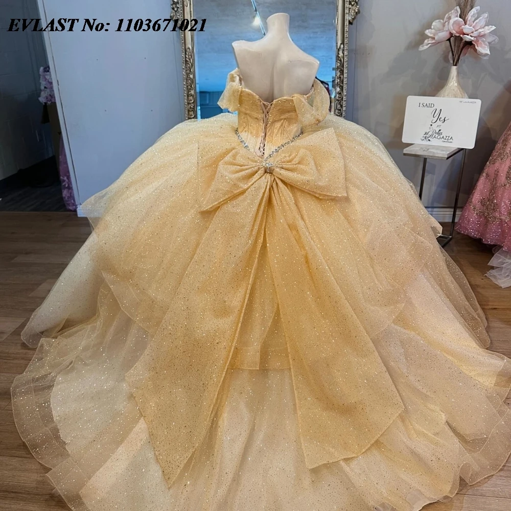 EVLAST Glitter Yellow Quinnceanera Dress Ball Gown Shiny Lace Applique Beaded Tiered Corset Sweet 16 Vestidos De 15 Anos SQ673