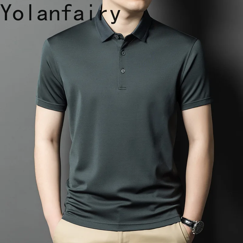 YOLANFAIRY 100% Mulberry Silk Mens T Shirts Top Quality Polo T Shirt Man Summer Men Clothing Poloshirts Heren Short Sleeves