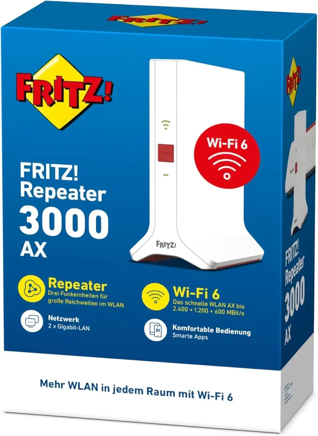 FRITZ! مكرر 3000 AX (واي فاي 6 مكرر مع ثلاثة Funkein Leben und مجموعه bis zu 4.200 ميجابايت/ثانية: 2x 5 جيجا هرتز-الفرقة (bis zu 3.600 متر