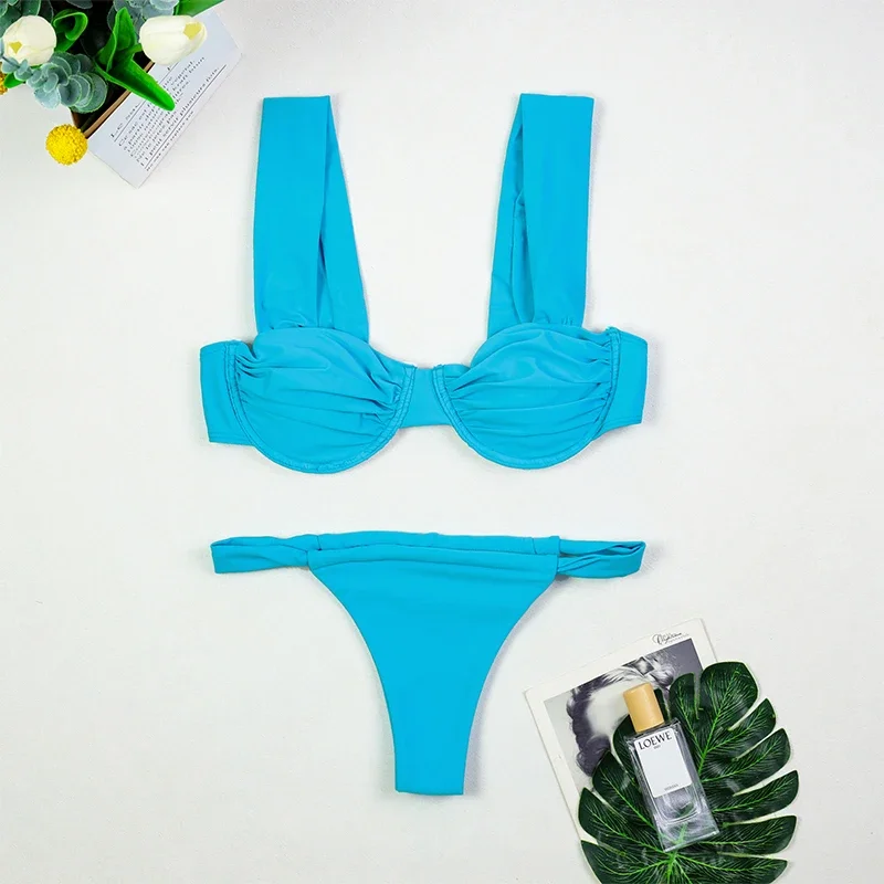 

Женский микро-бикини с лямкой на шее, стринги, плиссированный бандажный купальник, сексуальная пляжная одежда с вырезом и накидкой - купальник с лямкой на шее