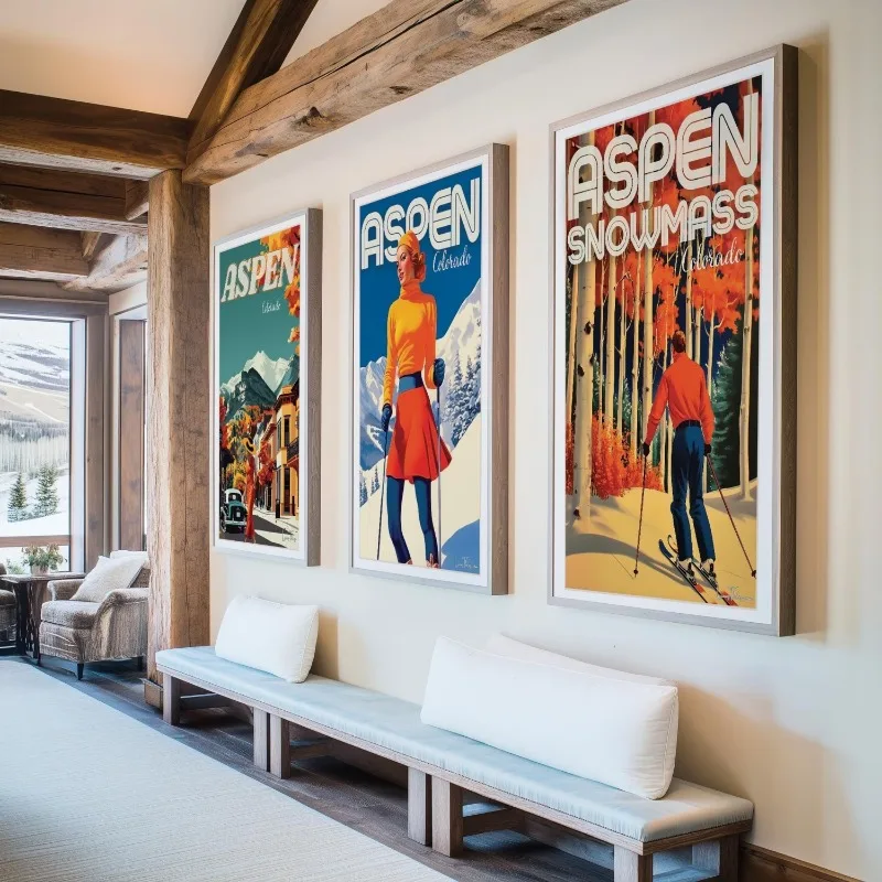 Set of 3 Vintage Travel Wall Art Prints Retro Ski Poster Mountain Snowmass Winter Adventure Home Decor Unframed Canvas Painting