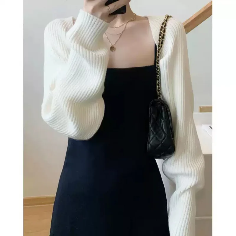 

Women’s Open Front Shrug Cardigan Solid Color Ribbed Knit Bolero Elegant Long Sleeve Cropped Sweater for Spring Fall Casual Wea