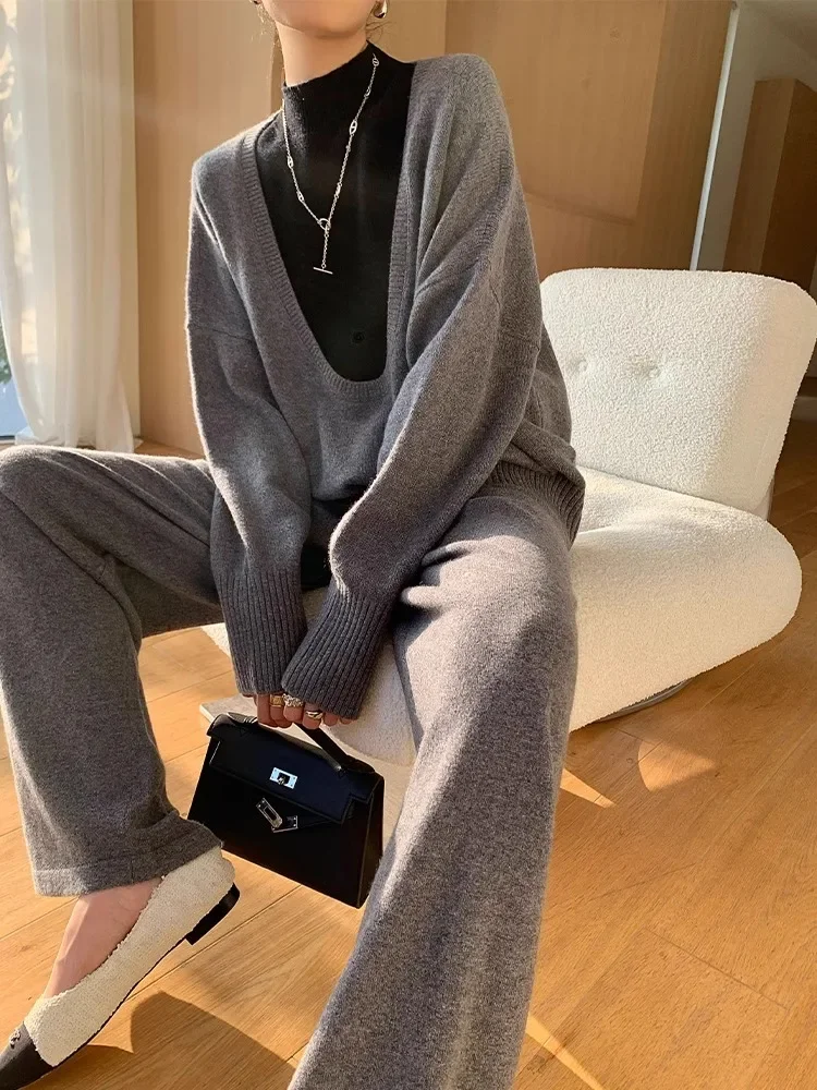 

Серый комплект в ленивом стиле, женский осенне-зимний комплект из двух предметов для отпуска, шерстяной топ с высокой талией, повседневные брюки, комплект из двух предметов