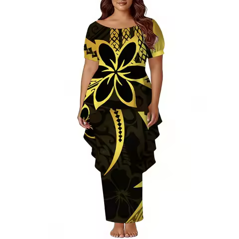 2026 Polynesian Island-Style Women'S Short-Sleeved Puletasi Dress Set High-Waisted Top And Fitted Long Dress Party Evening Gown