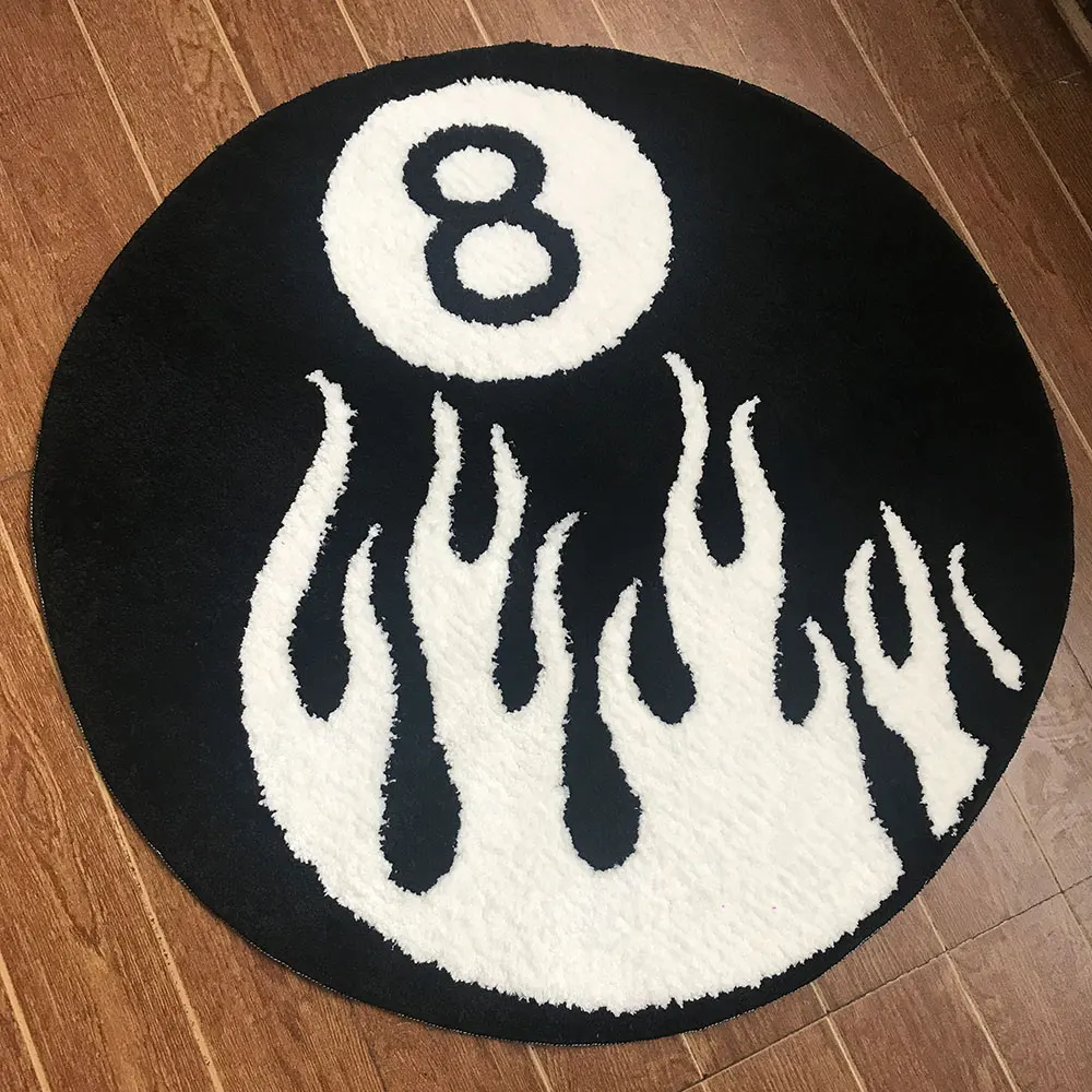 

White Flame Billiard Black No. 8 Round Flocking Trend Rug Tufted Soft Plush Rug Living Room Bedroom Spooky Halloween Home Decor