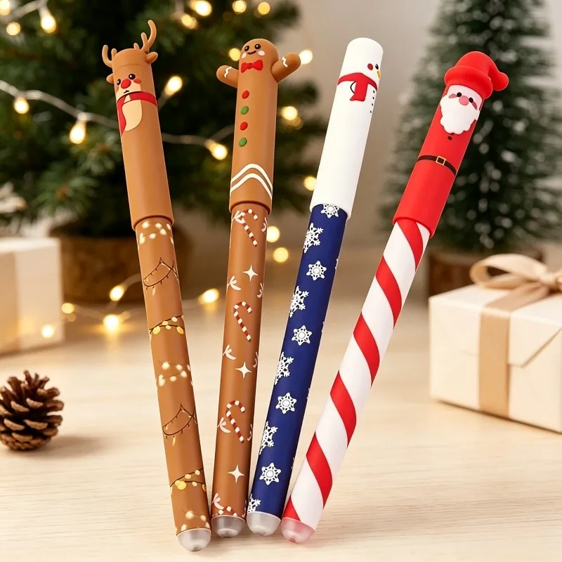 2pcs Random Christmas 3D Cartoon Gel Neutral Pens, Santa Snowman Reindeer Gingerbread Print Kids Stationery Gift