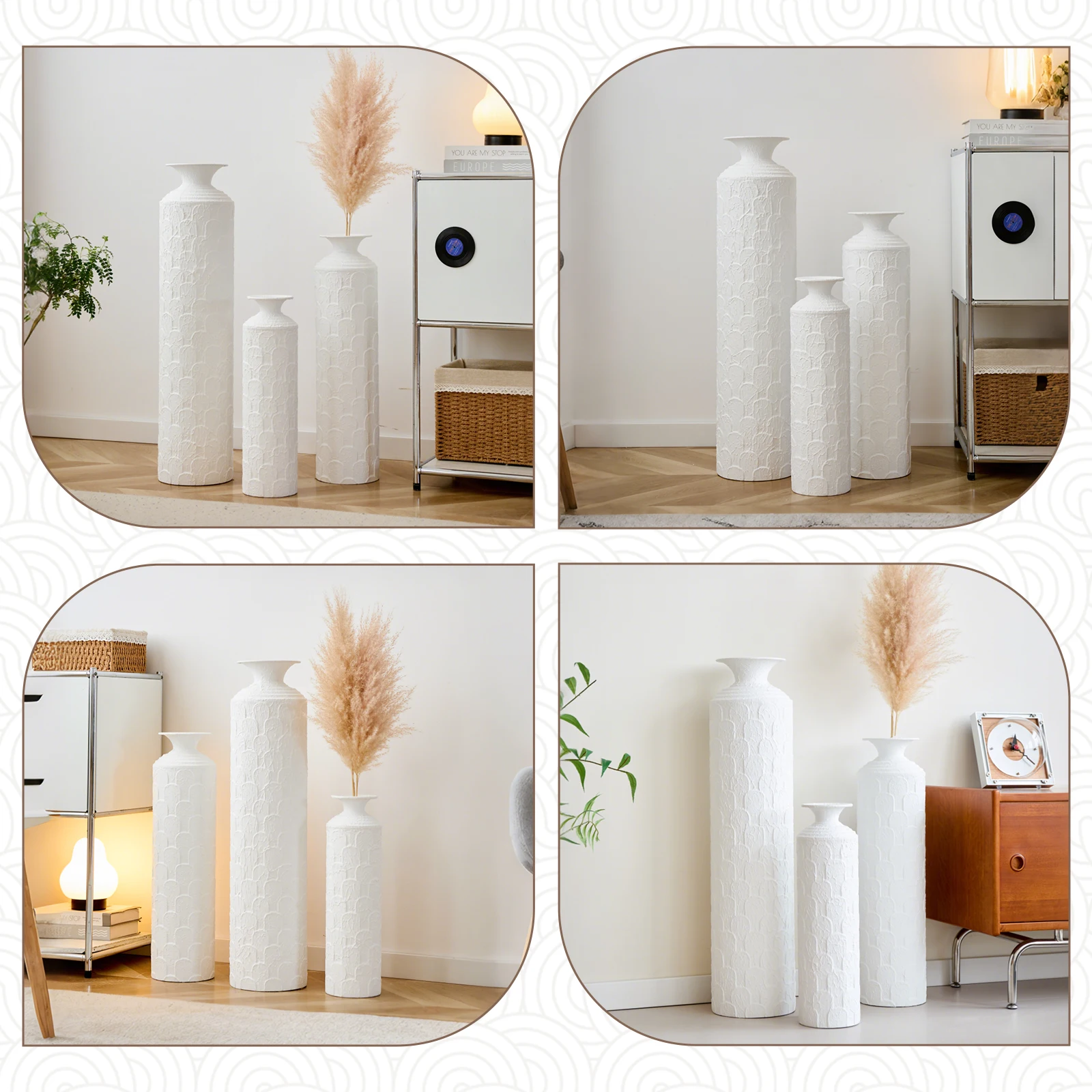 3-Piece Modern Metal Floor Vase Set, Textured White, 33.46