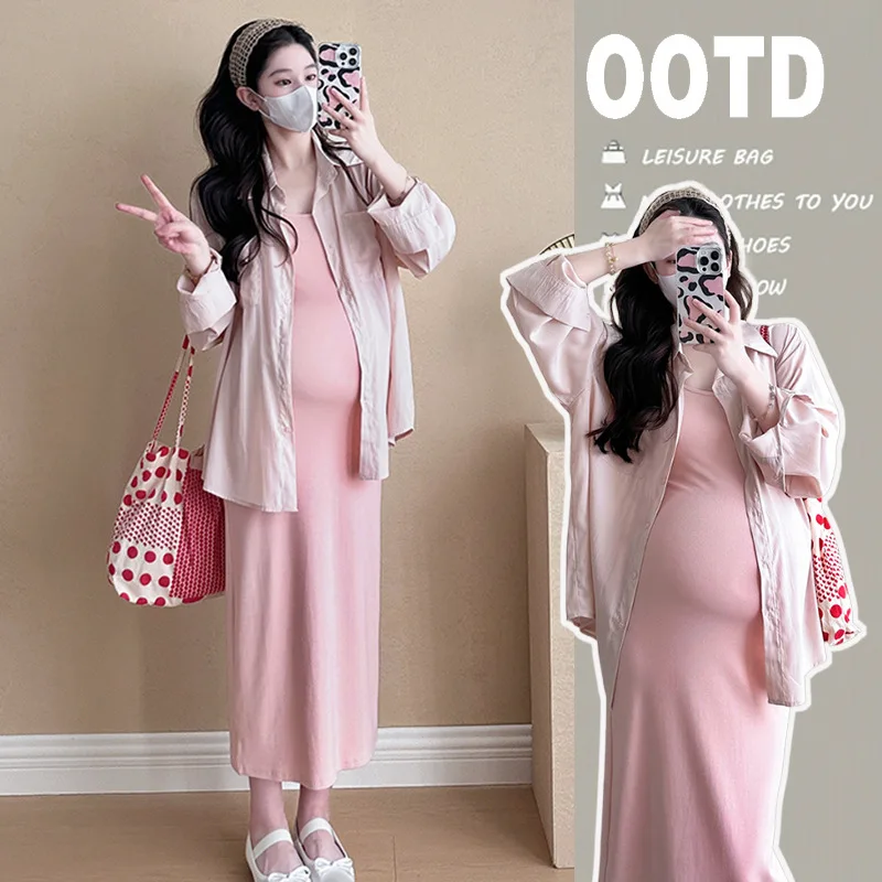 

2024 Summer Maternity Fashionable Clothes Pregnant Women Loose Sunscreen Shirt + Camisole Dress Hot Mom Pink Long Dress