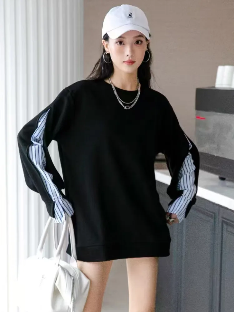 [EWQ] Fake 2 Piece Long Sleeve Striped Patchwork Sweatshirt Fashion All-match Loose Women Pullover Tops 2024 Autumn New 16O1846