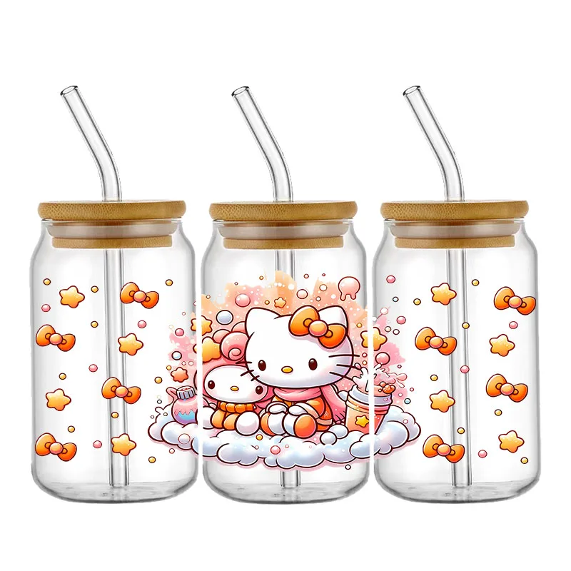 Cartoon Hello kitty 16OZ UV DTF Cup Wraps Transfer Sticker For Glass Libbey Can Bottle  waterproof DIY Custom