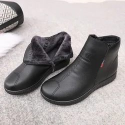 Fashion Winter Shoes Women's Leather Ankle Flat Boots Woman Comfortable Thick Plush Warm Snow Boots Mother Booties