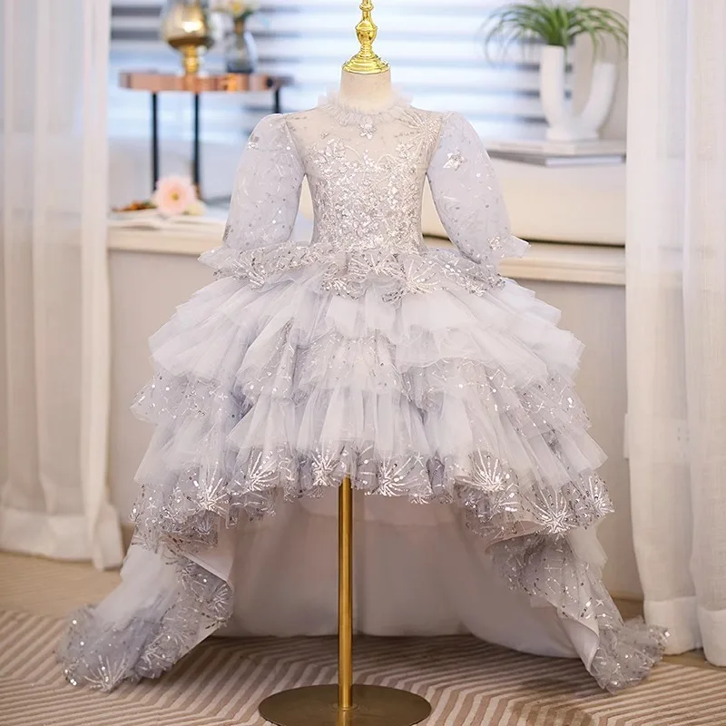 

Girls Princess Party Dress Puffy Tulle Gown with Train Piano Performance Pageant Birthday Wedding Flower Girl Evening Costume
