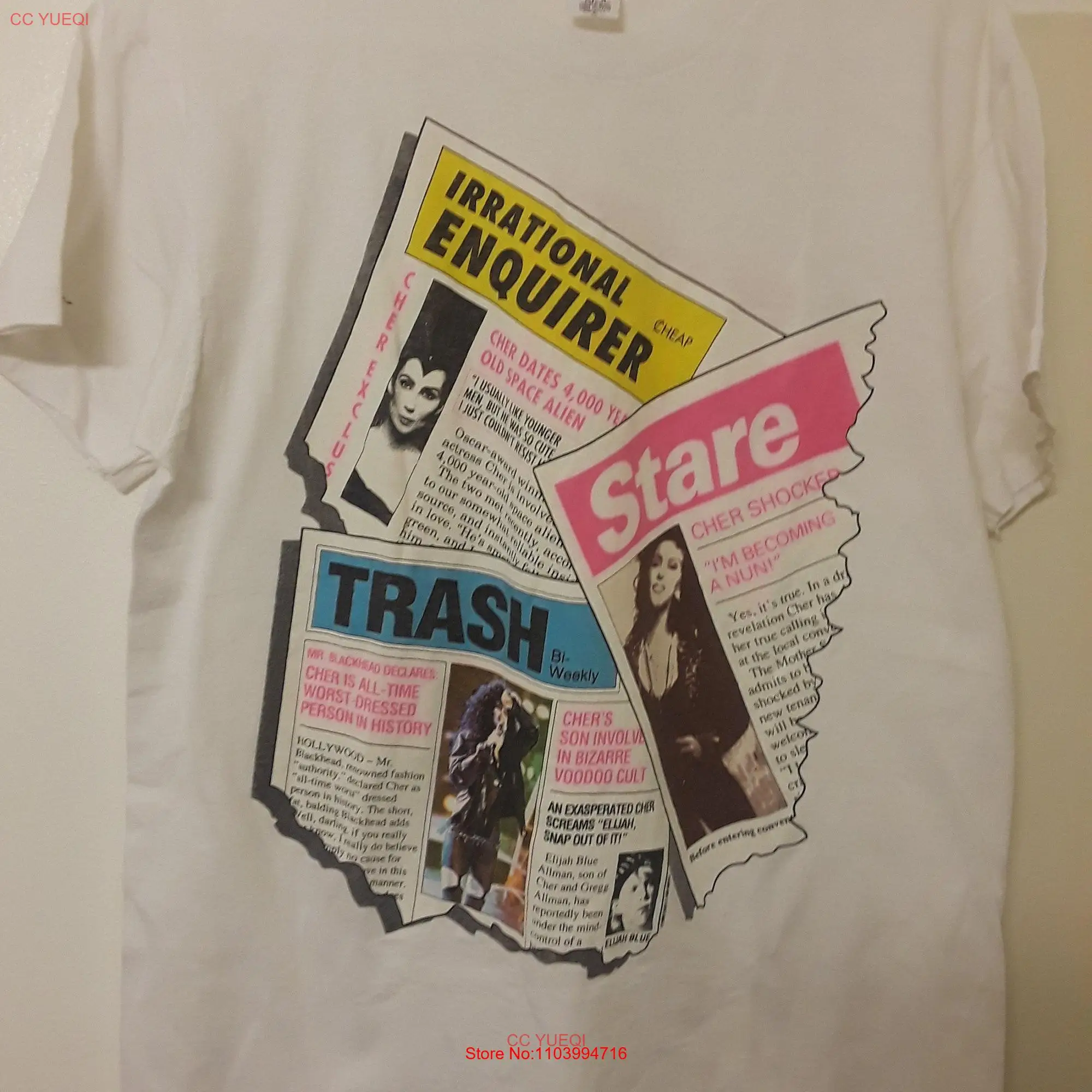 Vintage 90's Cher Irrational Inquirer Tabloid 1990 T Shirt long or short sleeves