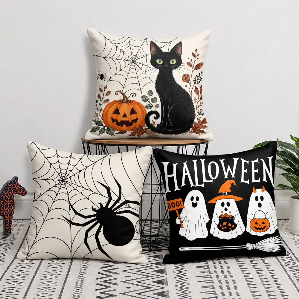 Halloween Bat Spider Cushion Cover Short Plush Double Sided Printed Soft Pillow Case Home Sofa Decor Festival Gifts