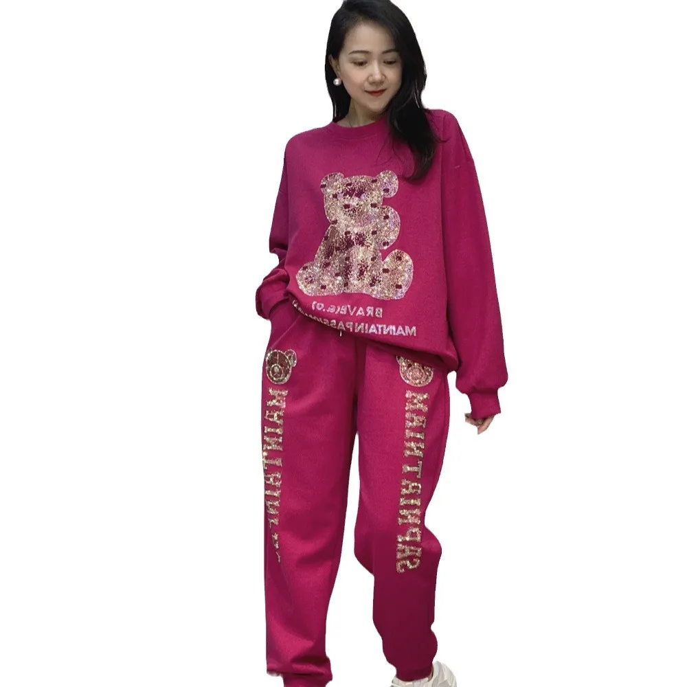 2024 Autumn New Cartoon Bear Long Sleeve Pant Sets Female Casual Suit Sweatshirt and Pants 2 Piece Sets Womens Outfits