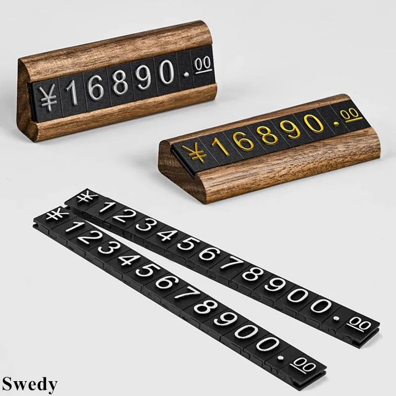 Wood Base Adjustable Number Price Label Sign Holder Display Stand Dollar Eur Symbol Mini Watch Jewelry Price Cube Tags