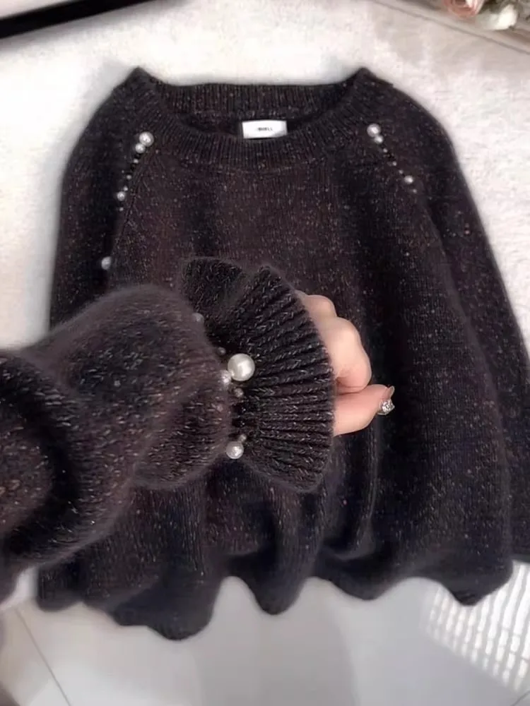 Korean Sle round Ne Beaded Knitted Sweater Women's Autumn High-End Sensation New Faion Casual Versatile Long Sve Top