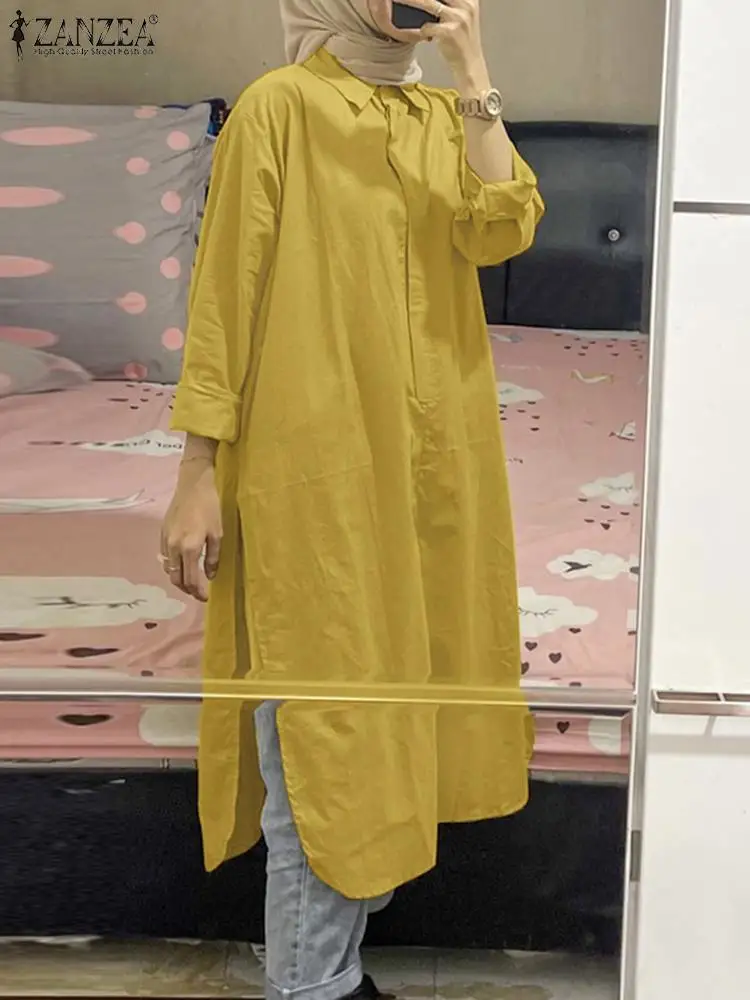 

Autumn Women Muslim Long Tops Abaya ZANZEA Fashion Lapel Neck Long Sleeve Blouse Casual Solid Work Shirt Islamic Clothing Kaftan