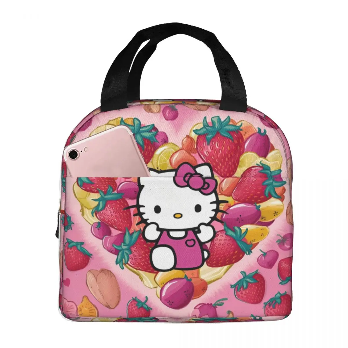

Strawberry Hello Kitty Lunch Bag Fun Lunch Box Travel Portable Tote Food Bags Print Cooler Bag