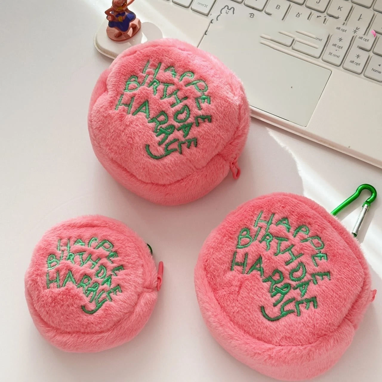 Pink Polka Dot Cute Plush Portable Wallet Mini Coin Purse Earphone Cable Organiser Coin Pouch Cake-Shaped Storage Bag