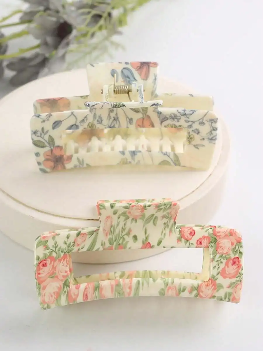 

2pcs Floral Printed Hair Claw Clips For Women Boho Casual Daily Use