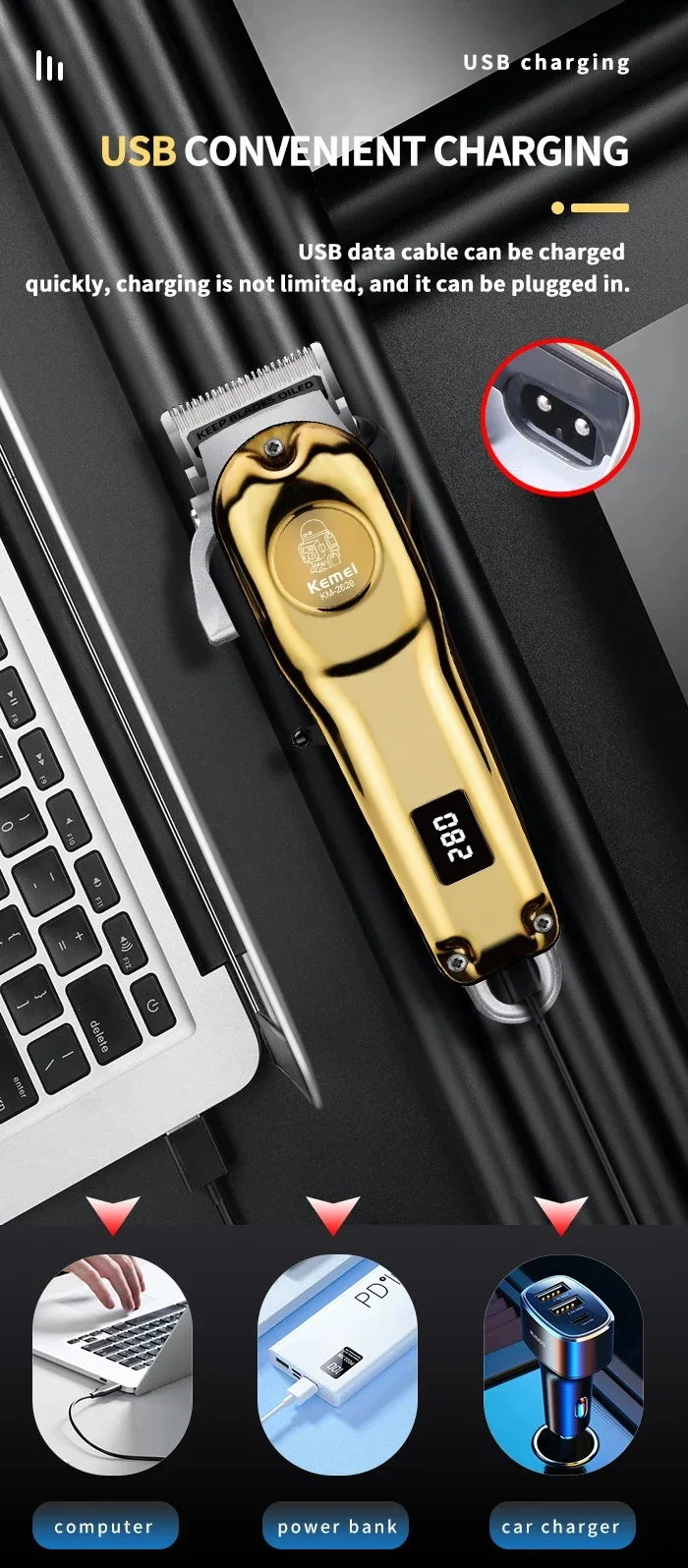 Kemei KM-2628 Professioneller Haarschneider, verstellbarer elektrischer Trimmer mit LCD-Display, kabellos, wiederaufladbar, leistungsstarker Motor – Detail 7