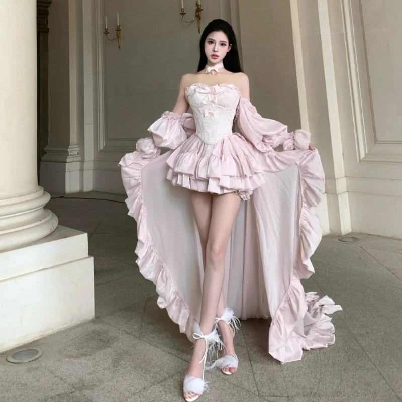 Sweet Lolita Princess Ball Gown, Flower‑Embroidery Trailing High‑Waist Tube‑Top Bow Dress for Women Birthday Party Cosplay Wear