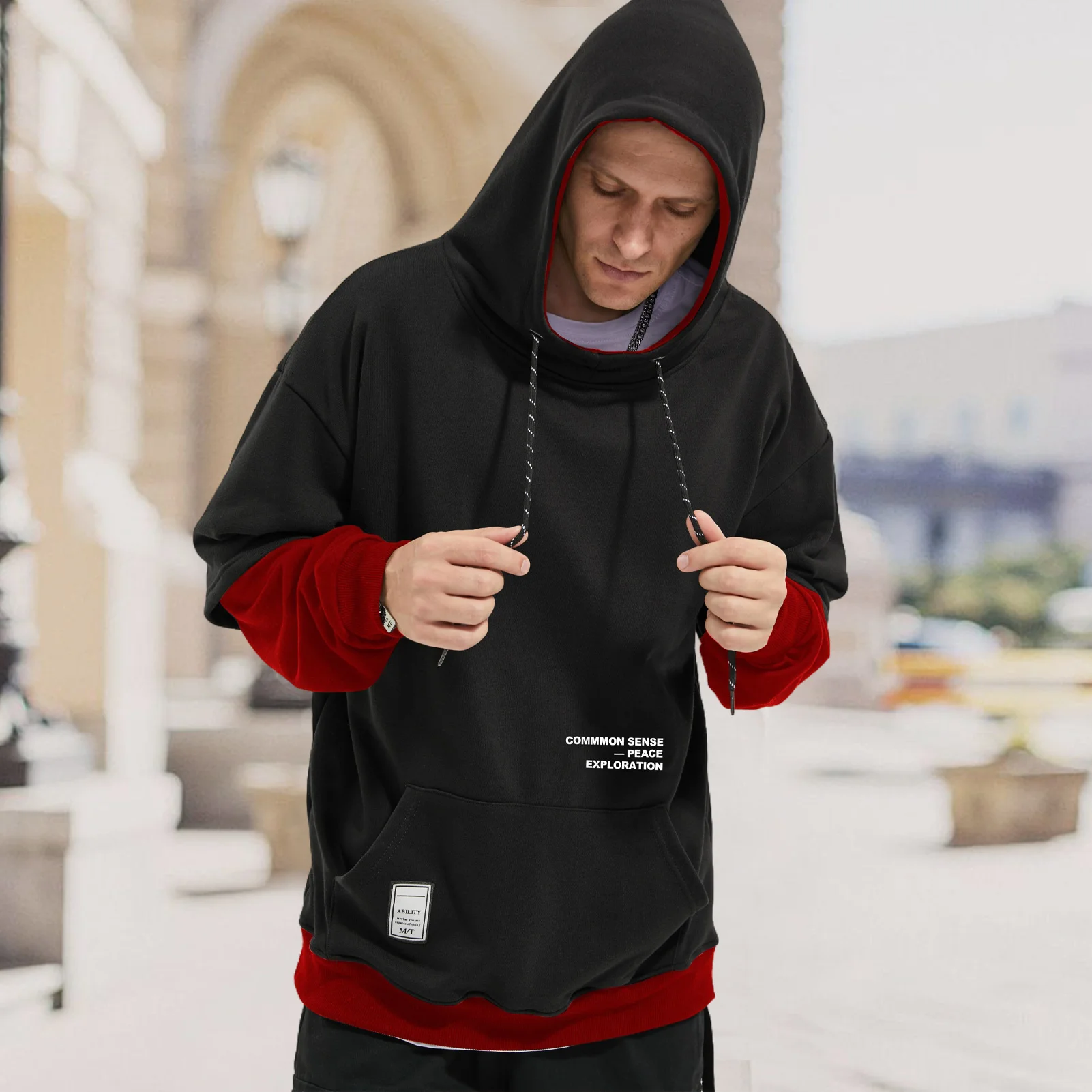 Mens Colorblock Pullover Casual Hoodie Hip Hop Tops Unisex Hooded Sweatshirt with Design