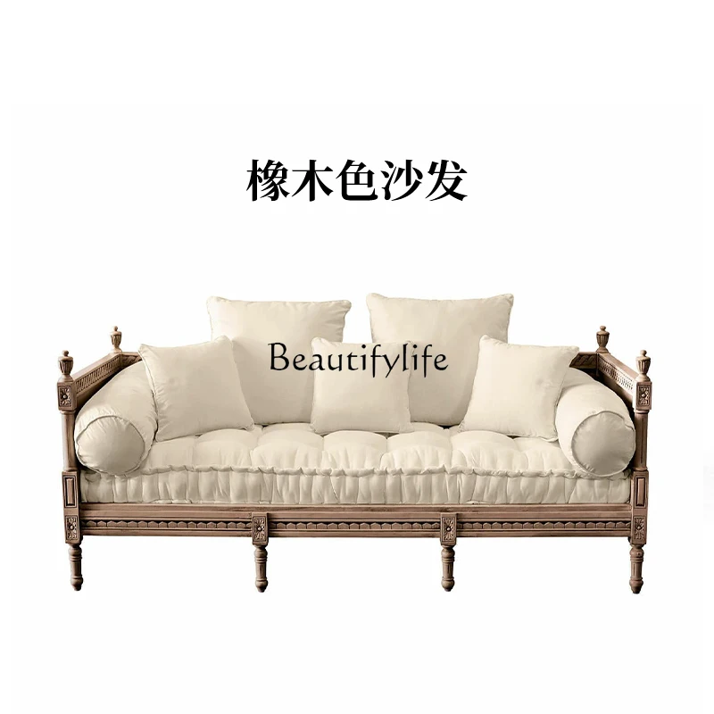 

French Solid Wood Sofa Small Apartment Living Room Retro White Oak Carved Sofa for Three People