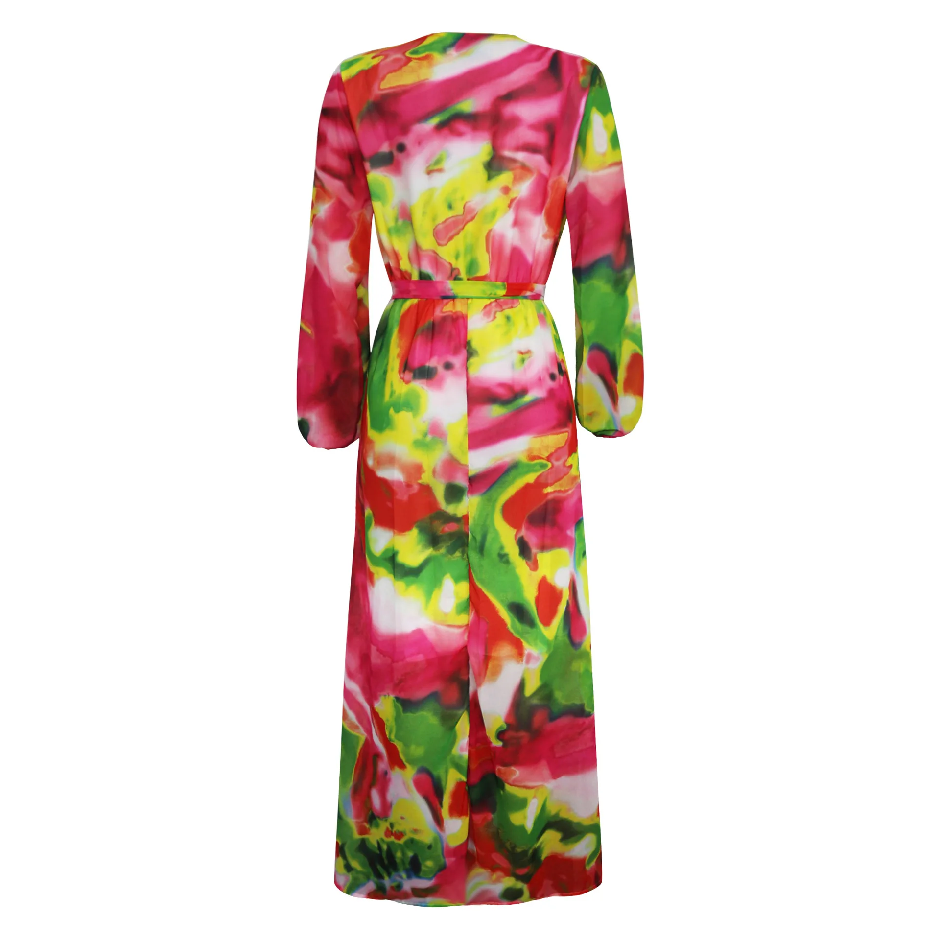 HAOOHU Women\'s Print Chiffon Maxi Dress with Belt Bohemian Beach Sexy V-neck Long Sleeve Dress Large Size Women\'s S-3XL-5XL