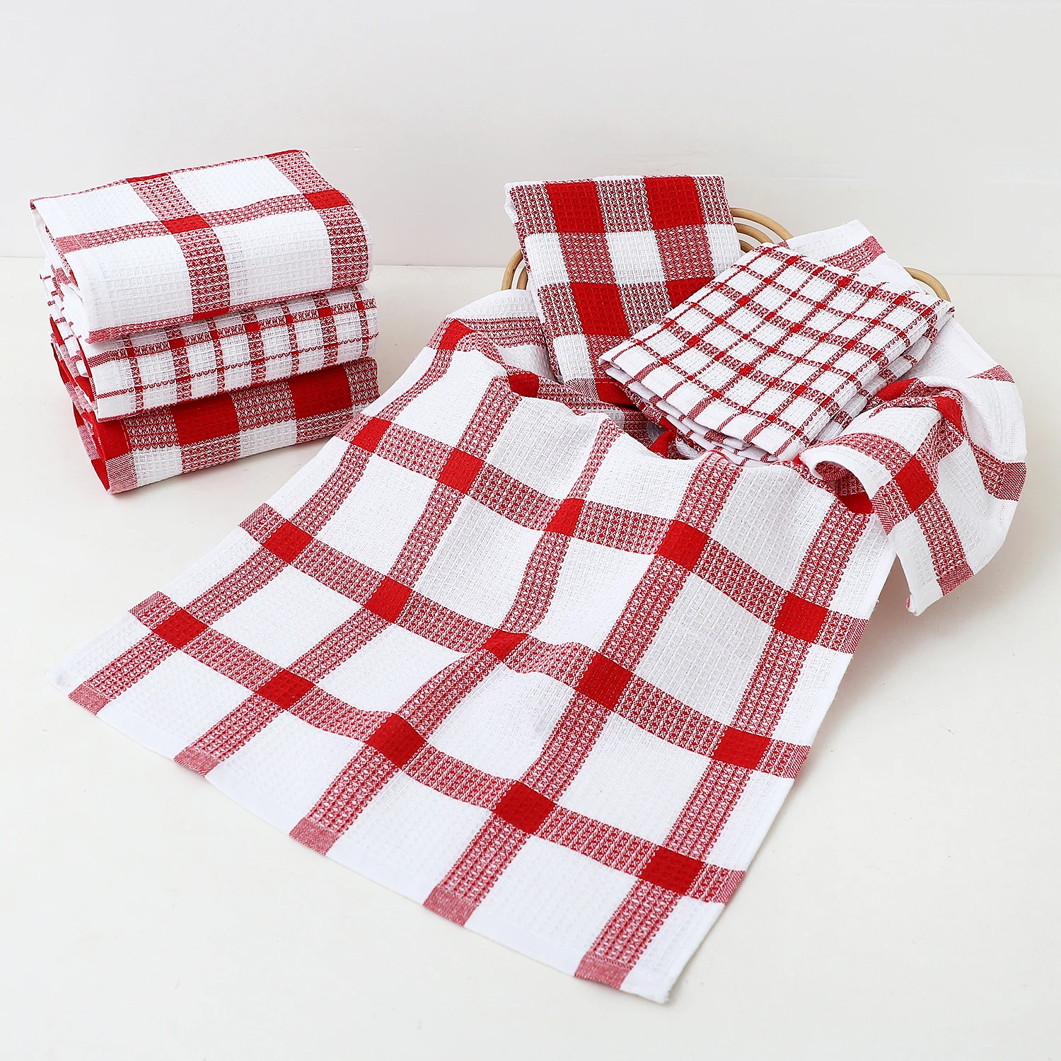 Waffle Weave Plaid Dish Cloths Super Absorbent Kitchen Dish Towels Quick Drying Cotton Dishcloth for Drying and Washing Dishes