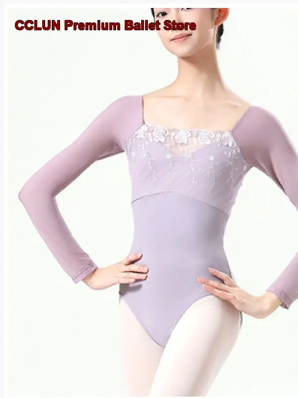 Danceelite Women's Long Sleeve Lace Embroidered Patchwork Shaping Waist-Hugging Unitard Long Sleeves
