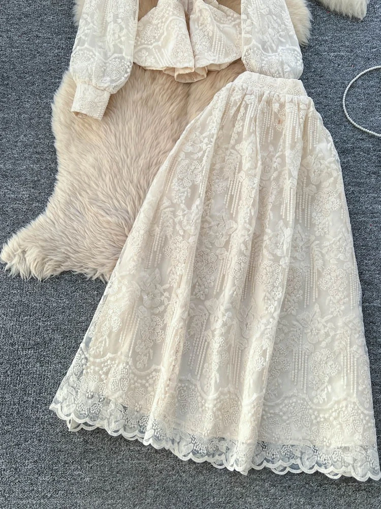 الفرنسية أزياء أنيقة 2 قطعة مجموعة المرأة سليم صالح المطرزة الدانتيل مربوط بلوزة + تنورة عالية الخصر الخريف الزي الصلبة غير رسمية