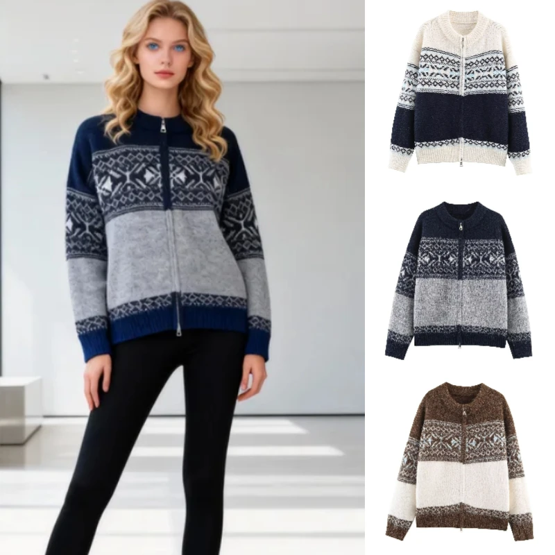 Cárdigan de punto Jacquard con doble cremallera para mujer, informal, otoño/invierno, nueva colección 2025