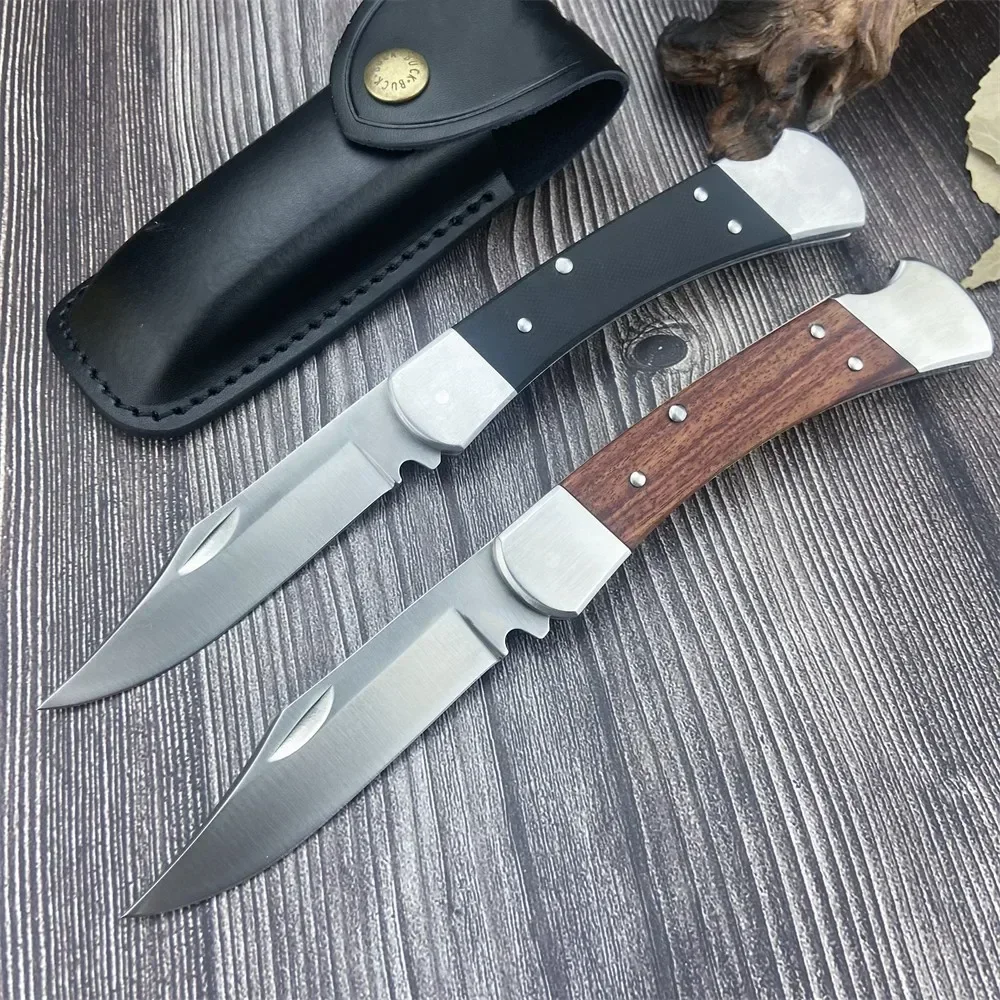 BK 110 Tactical Pocket Folding Knife D2 Blade G10/Wooden Handle Outdoor Camping Knives Tactical EDC Tool with Leather Sheath