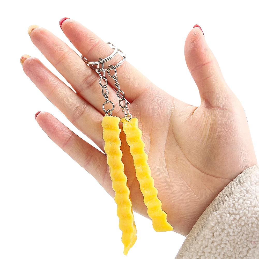 2pcs Simulation PVC Material Gold Color Ripple French Fries Key Chain Backpack Wallet Anti-lost Charm Children's Toys Food Props