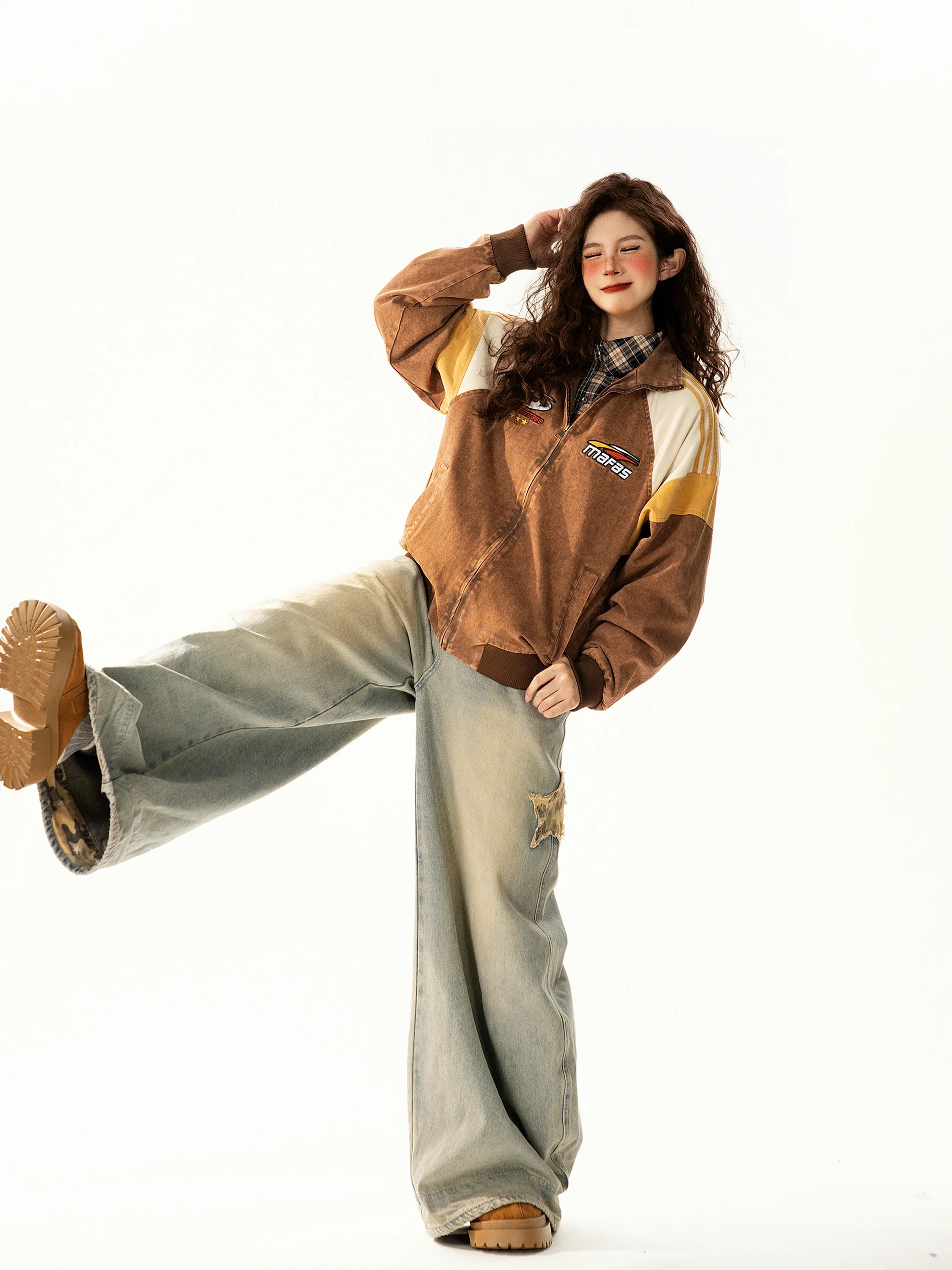 

Ретро-куртка в американском стиле с вышивкой и воротником-стойкой, женская, свободного кроя, повседневная, универсальная, модная, уличная, с длинными рукавами, на молнии