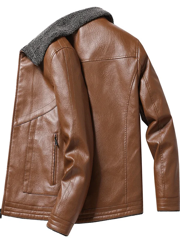 

2025 New Men's Leather Jaet Thiened Casual Autumn Winter PU Leather Coat with Fce Inner Straight Cut Busin Casual