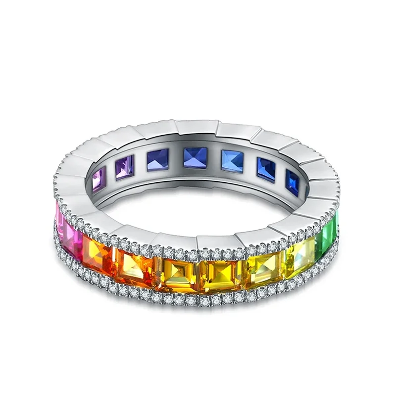 Professional Handwork Jewelry Trapezoid Cut Colorful Gradient Rainbow Stone Eternity Ring for Women Fashion Stackable Band Gift