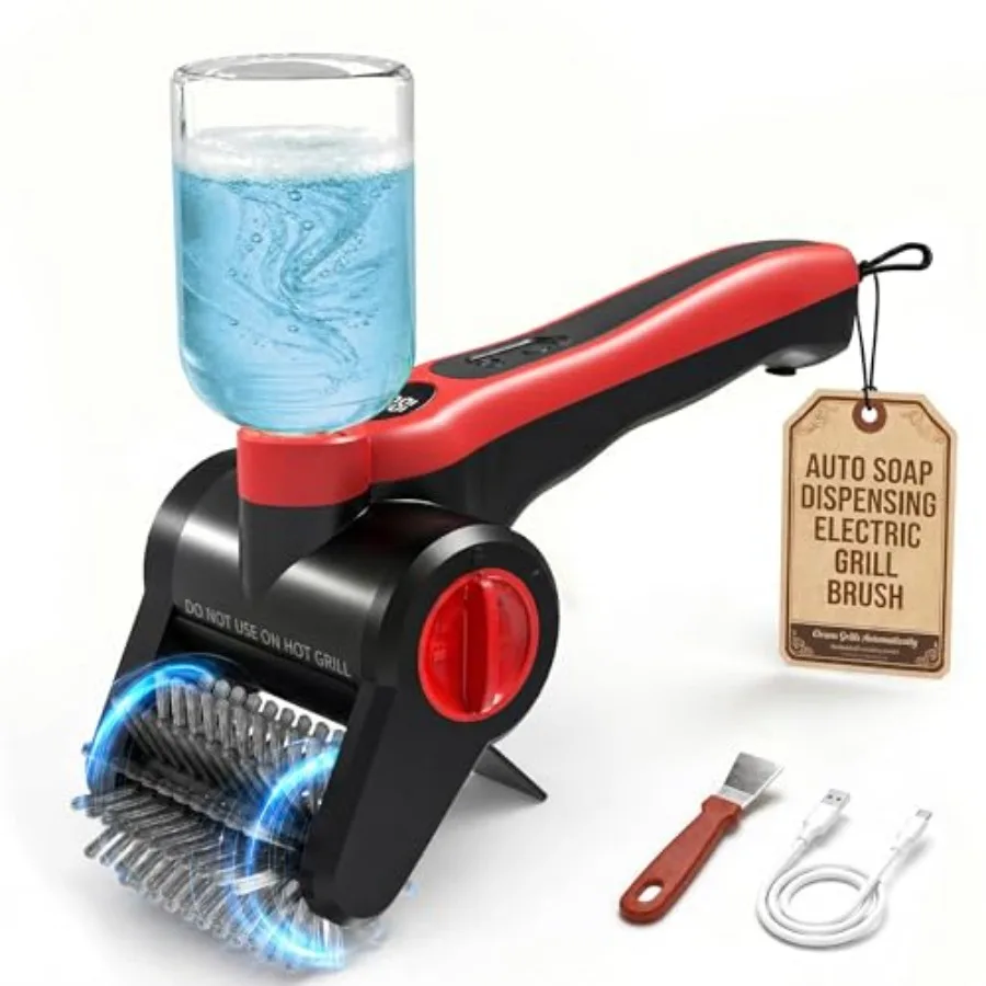 

Electric Grill Brush for outdoor BBQ cleaning, stainless steel bristles, black-gray color, 100W cordless power with 300ml spray