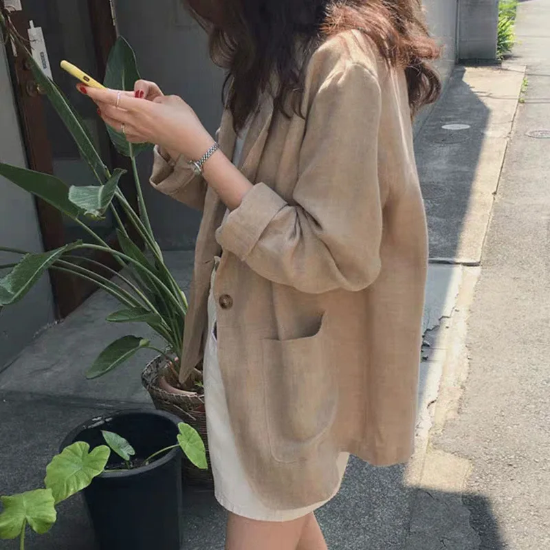 

2024 Spring Autumn New Cotton and Linen Suit Jacket Female Loose Linen Suit British Style Women's Coats Outerwears Blouse Traf